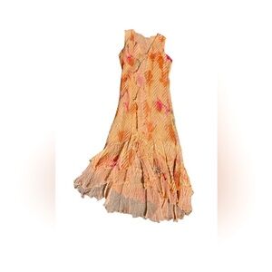 Komarov Crinkle V Neck Floral Peach Pink Midi Whimsical Fairy Dress Small USA